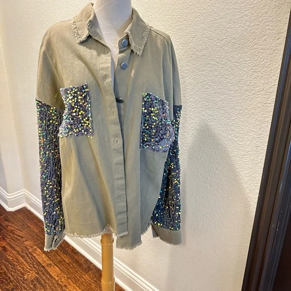 ChicMe Oversized Khaki & Sequin Button Down Shirt-Size S - Picture 2 of 12